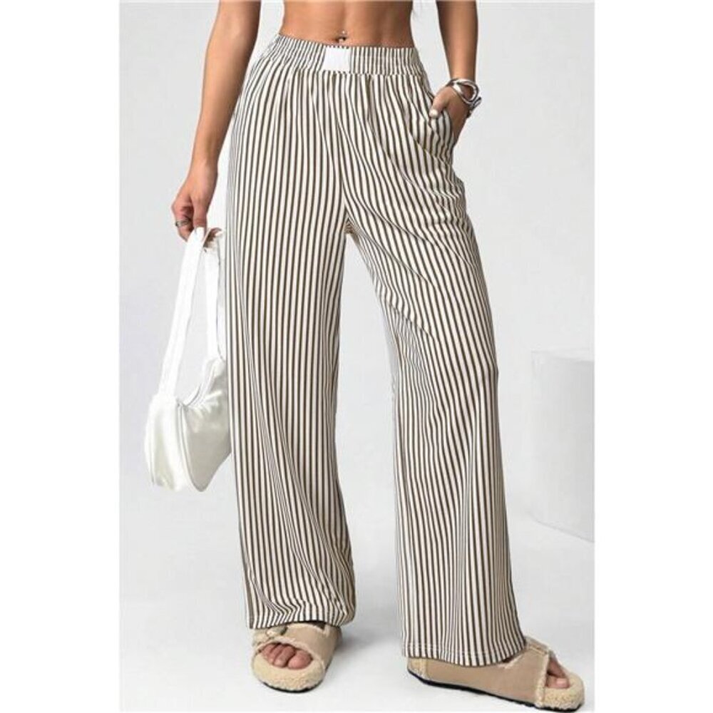 Stripe Elastic High Waist Pocketed Loose Pants